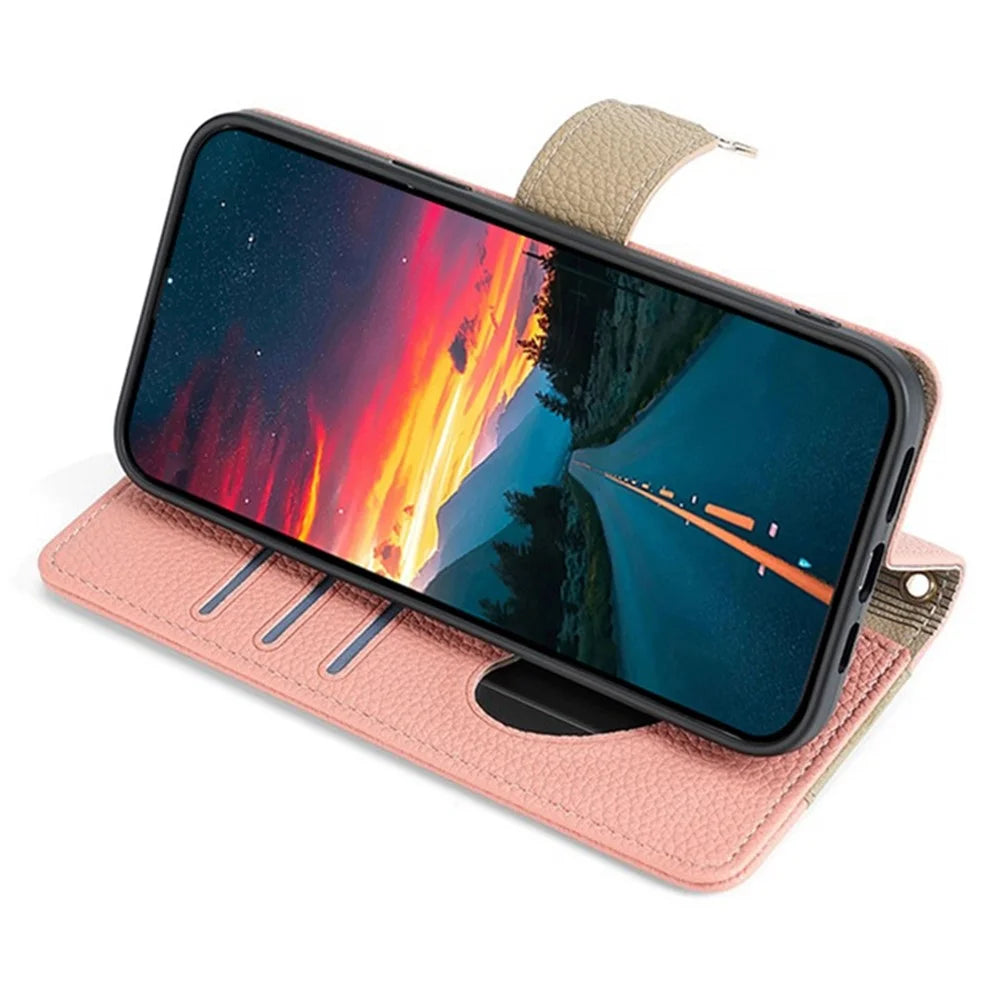 For Samsung Galaxy S21 FE 5G Wallet Phone Case with Crossbody Lanyard Zipper Leather Cover - Pink - 3
