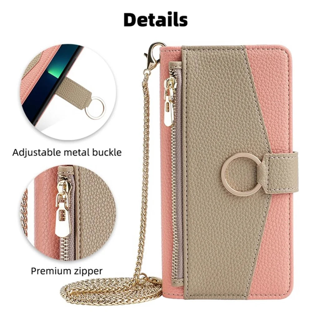 For Samsung Galaxy S21 FE 5G Wallet Phone Case with Crossbody Lanyard Zipper Leather Cover - Pink - 7