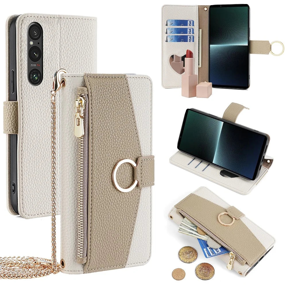 For Sony Xperia 1 V Phone Case Makeup Mirror PU Leather Stand Flip Cover - White - 1