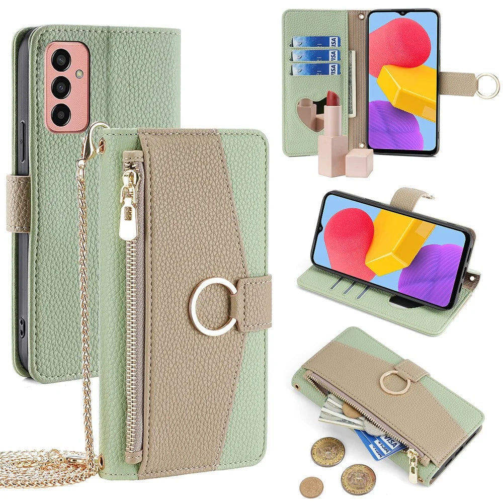 For Samsung Galaxy M13 4G Leather Case Zipper Wallet Makeup Mirror Phone Cover with Shoulder Strap - Green - 1