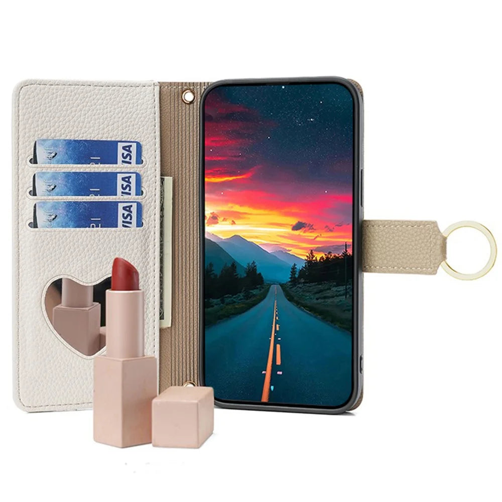 For Samsung Galaxy A13 5G Leather Case Wallet Stand Phone Cover with Shoulder Strap and Mirror - White - 2