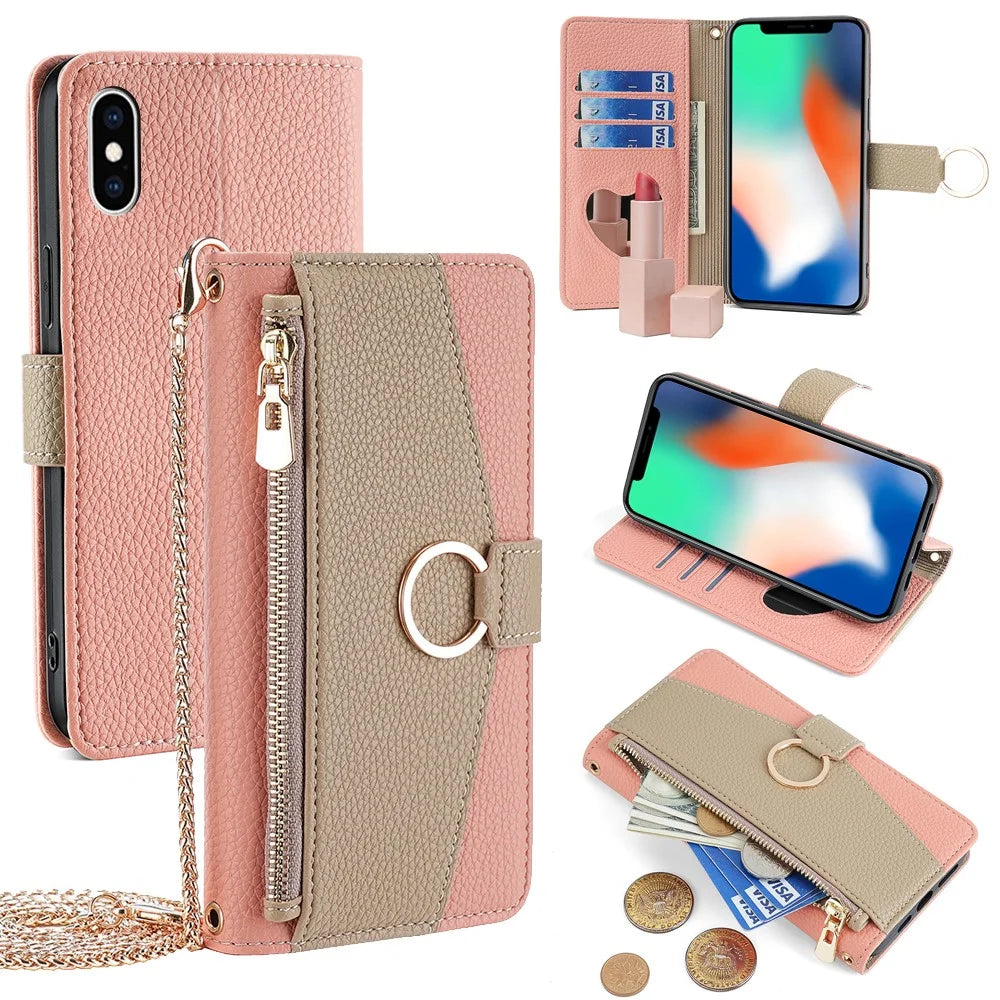 For iPhone X  /  XS Leather Case Phone Cover Wallet Card Bag with Mirror and Shoulder Strap - Pink - 1