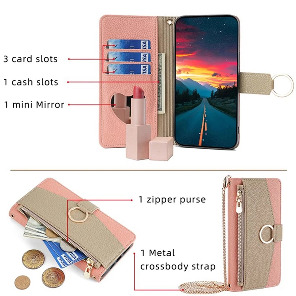 For iPhone X  /  XS Leather Case Phone Cover Wallet Card Bag with Mirror and Shoulder Strap - Pink - 4