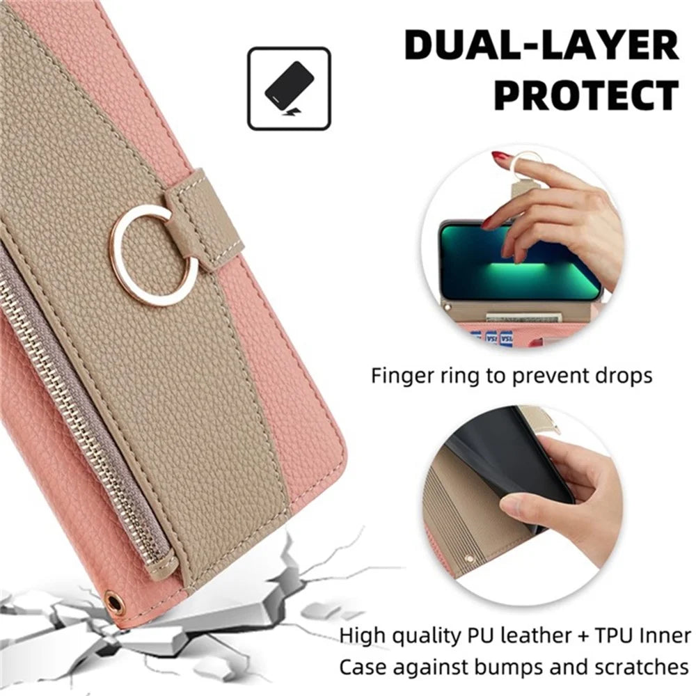 For iPhone X  /  XS Leather Case Phone Cover Wallet Card Bag with Mirror and Shoulder Strap - Pink - 5