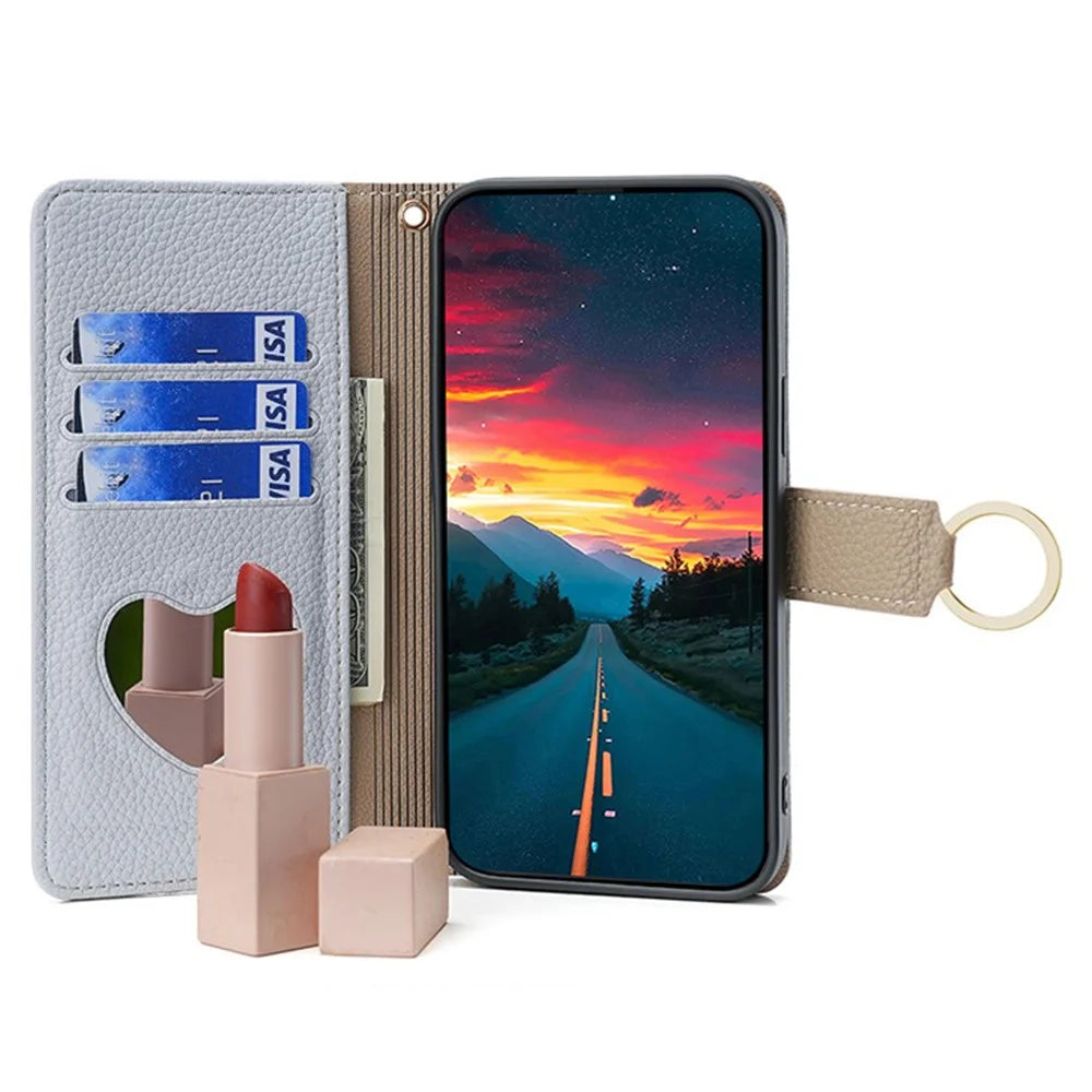 For iPhone XS Max Leather Case Wallet Phone Bag Cover Stand with Chain Strap - Grey - Blue - 2