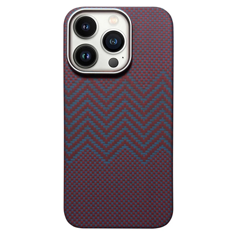 For iPhone 14 Pro Max Case Aramid Fiber Anti-scratch Phone Back Cover Compatible with MagSafe - M-Wave Texture  /  Red - 1