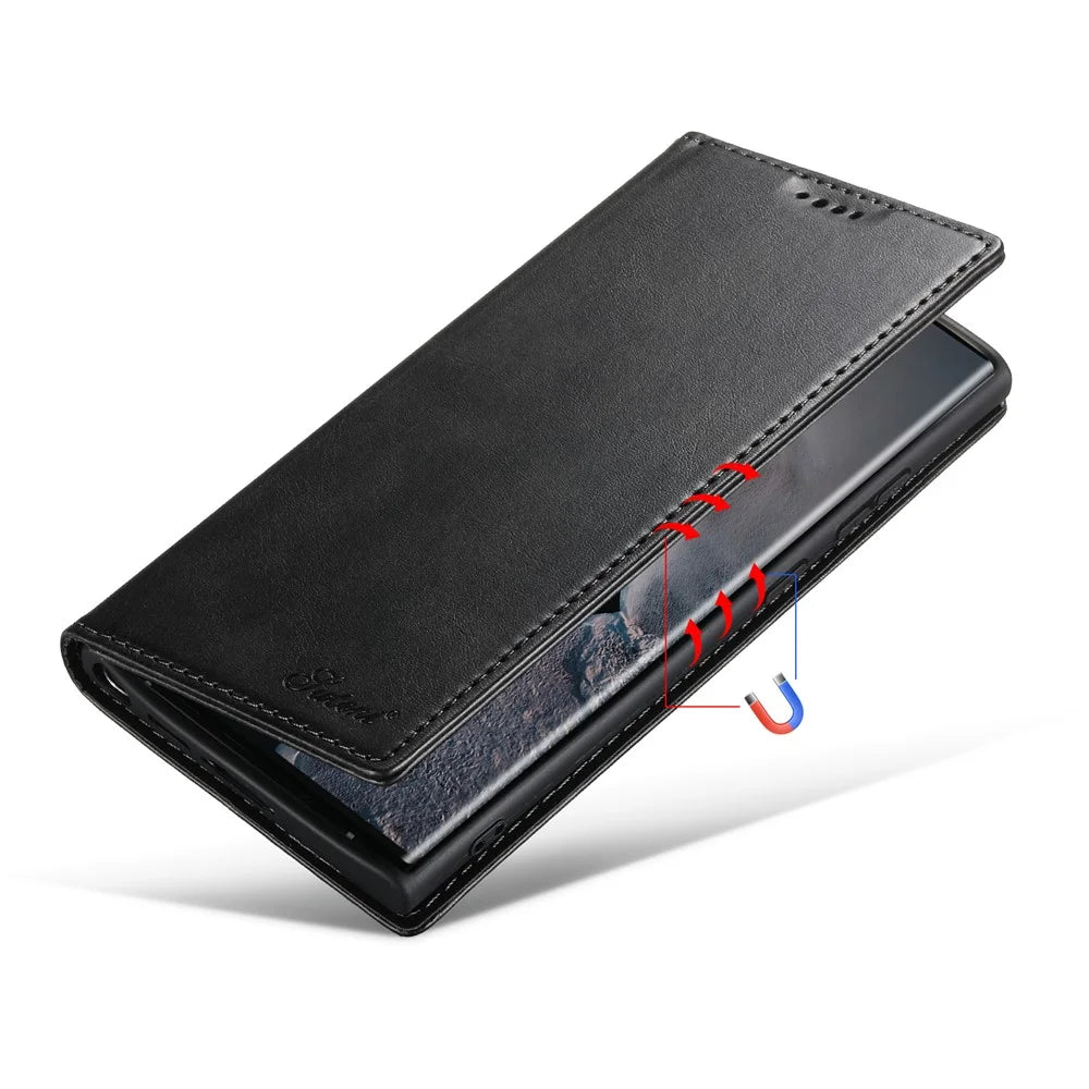 SUTENI For Samsung Galaxy S24 Ultra Case Magnetic Closing Flip Leather Phone Cover - Black - 4