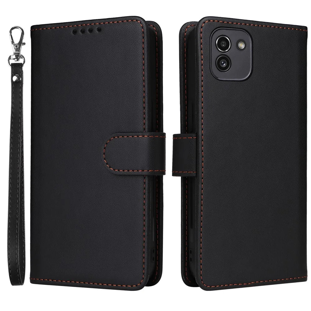 For Samsung Galaxy A03 (164.2mm) Magnetic Case BETOPNICE Detachable PU Leather Phone Cover with Strap - Black - 1
