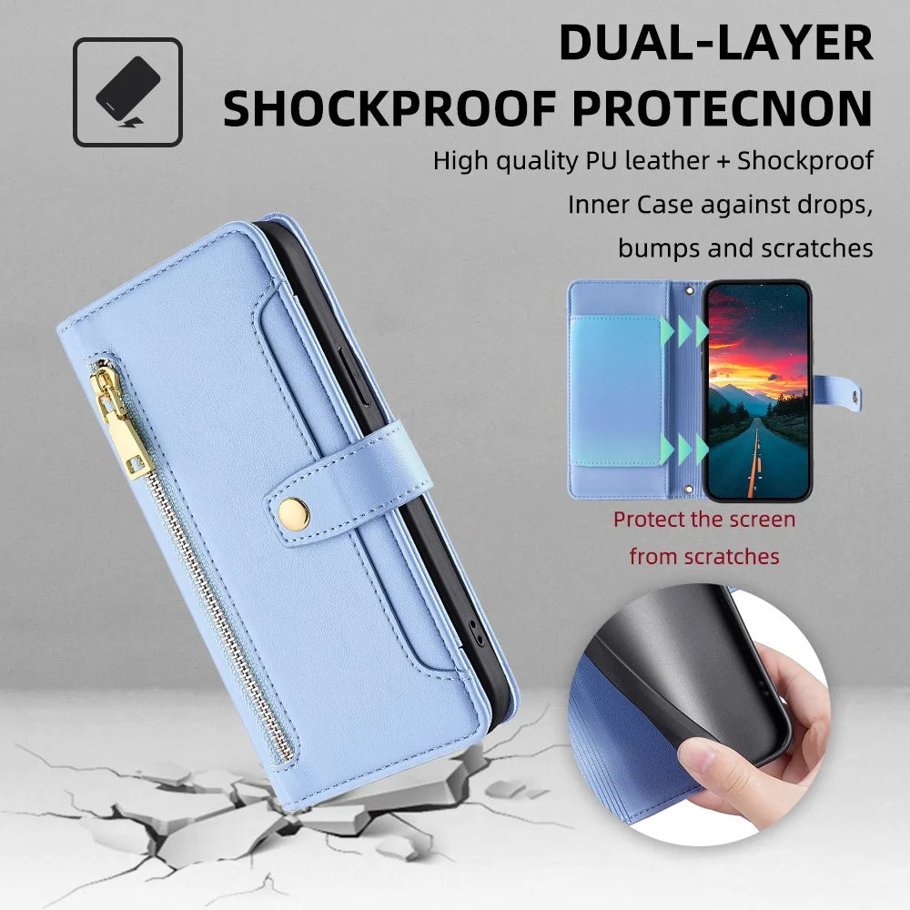 For Samsung Galaxy S22+ 5G Cell Phone Case Zipper Pocket Anti-fall Leather Wallet Cover - Blue - 6