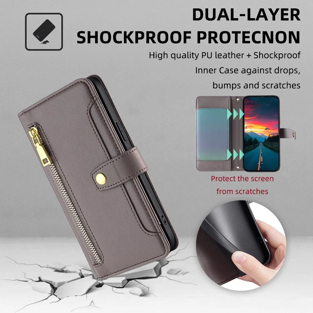 For Samsung Galaxy S21 FE 5G Cell Phone Case Anti-fall Leather Wallet Phone Cover with 2 Straps - Grey - 6