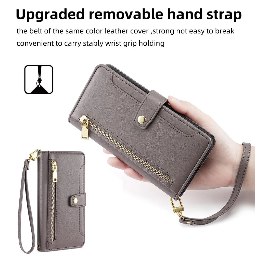 For Samsung Galaxy S21 FE 5G Cell Phone Case Anti-fall Leather Wallet Phone Cover with 2 Straps - Grey - 7