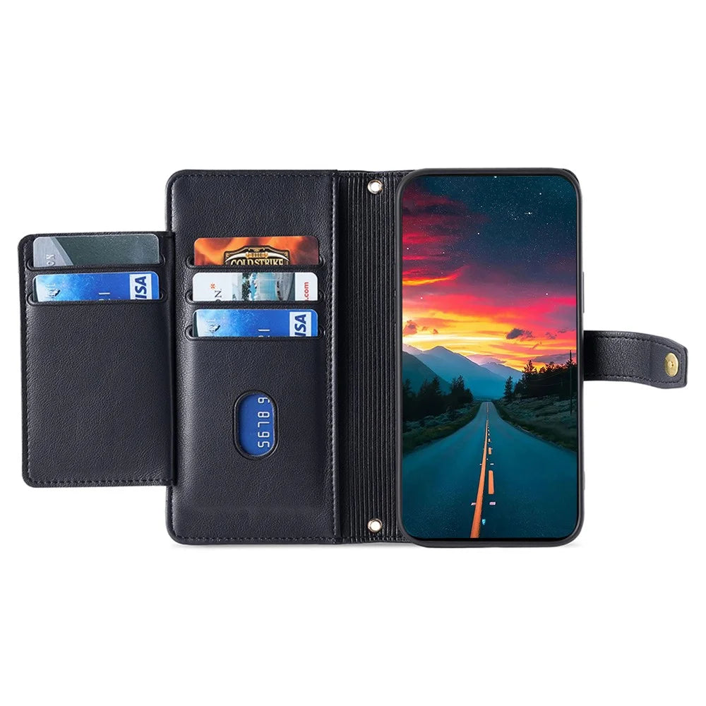 For Samsung Galaxy A22 5G (EU Version) Cell Phone Case PU Leather Cover with Long and Short Strap - Black - 2