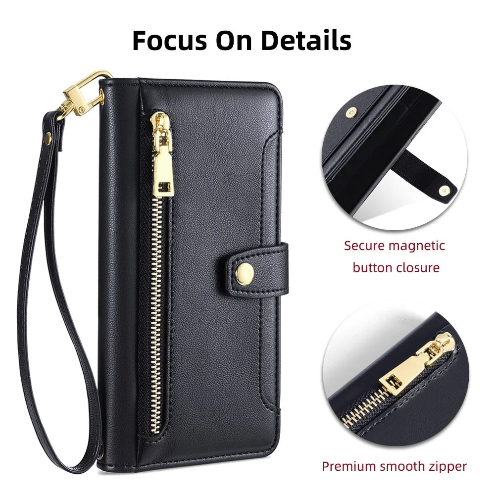For Samsung Galaxy A22 5G (EU Version) Cell Phone Case PU Leather Cover with Long and Short Strap - Black - 5
