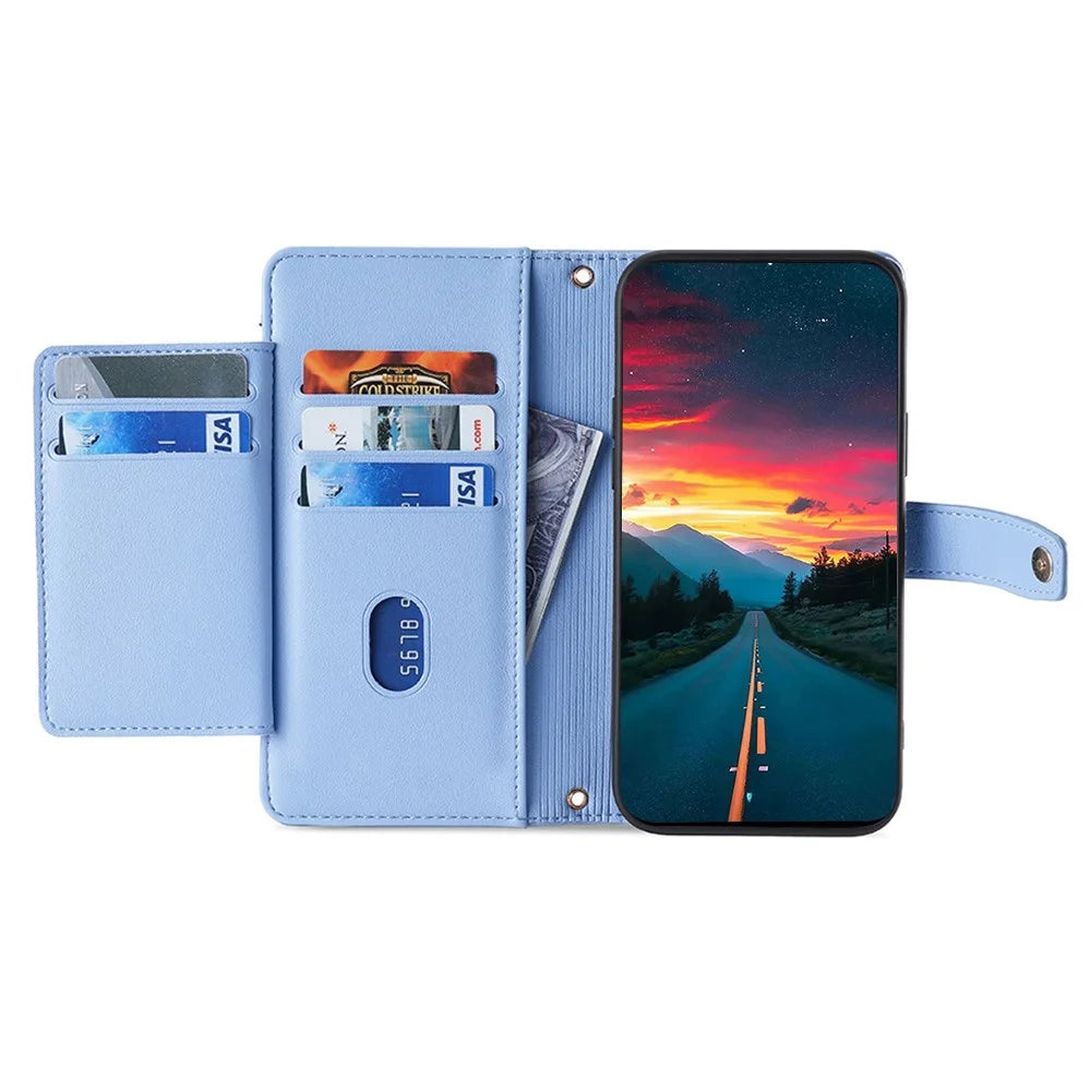 For Samsung Galaxy M33 5G (Global Version) Cell Phone Case Textured Leather Stand Cover with 2 Straps - Blue - 2