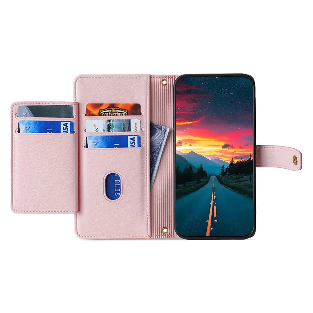 For Samsung Galaxy M52 5G Cell Phone Case Zipper Pocket Drop-proof Leather Wallet Stand Cover - Pink - 2