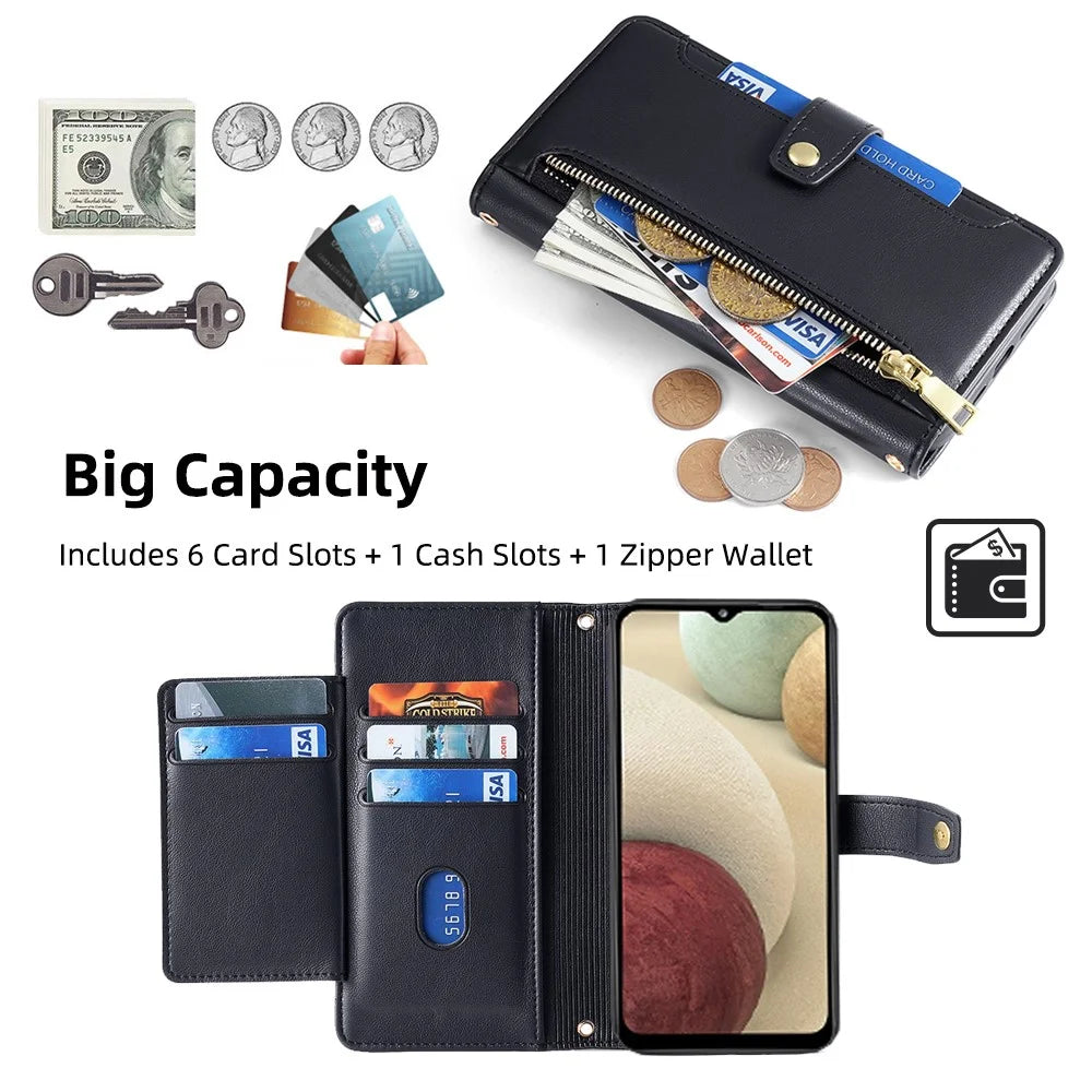 For Samsung Galaxy A12 Magnetic Case Shock Absorbing PU Leather Phone Cover - Black - 2