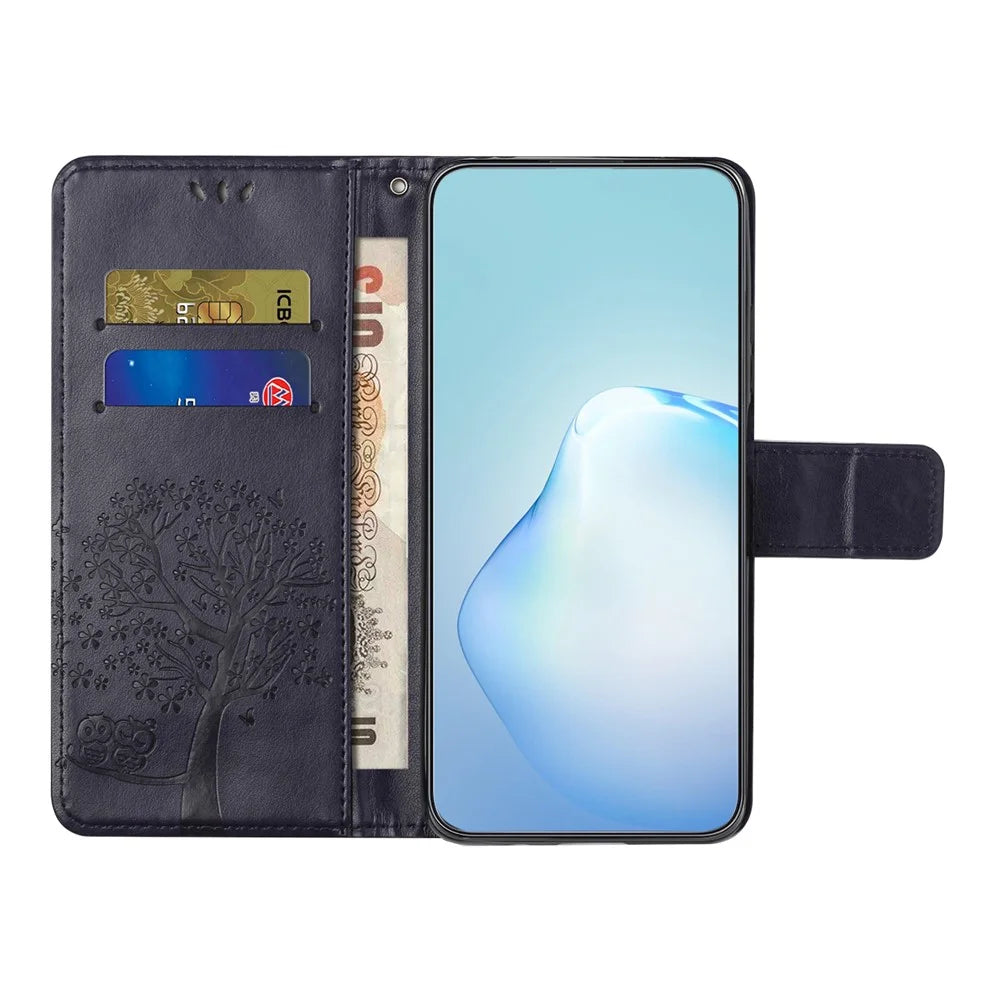 For Samsung Galaxy Xcover7 Cell Phone Case Owl Tree Imprinted Leather Folding Stand Cover - Dark Purple - 2