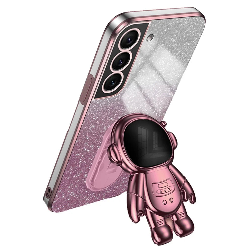 For Samsung Galaxy S21 FE 5G PC+TPU Case Anti-scratch Phone Cover with Astronaut Kickstand - Pink - 1
