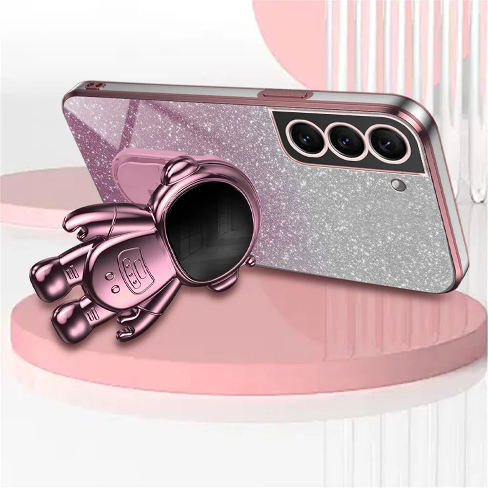 For Samsung Galaxy S21 FE 5G PC+TPU Case Anti-scratch Phone Cover with Astronaut Kickstand - Pink - 2