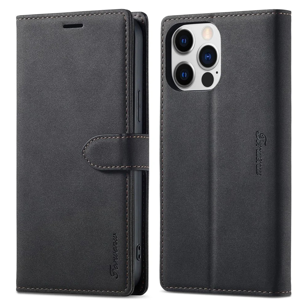 FORWENW F1 Series For iPhone 15 Pro Max PU Leather Case Phone Wallet Stand Protective Cover - Black - 1