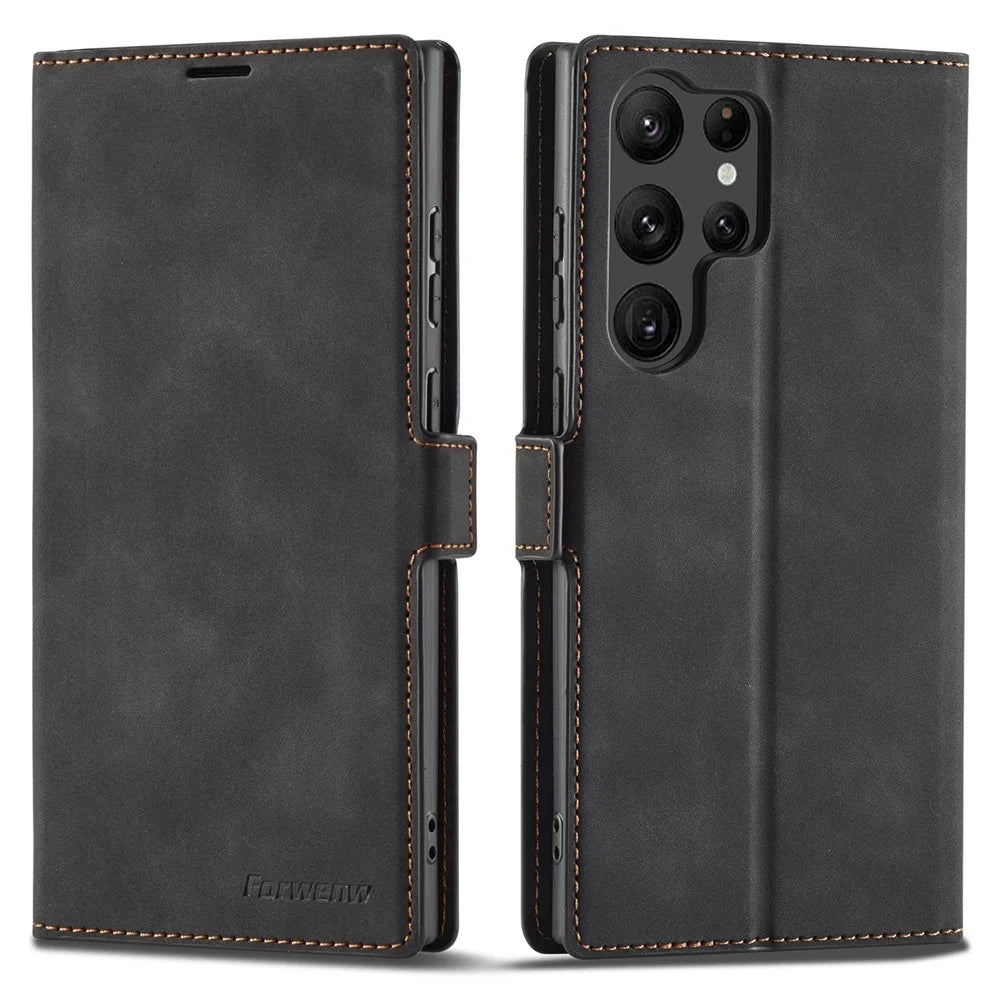 FORWENW Fantasy Series for Samsung Galaxy S24 Ultra Skin-touch Leather Phone Cover Stand Wallet Case - Black - 1