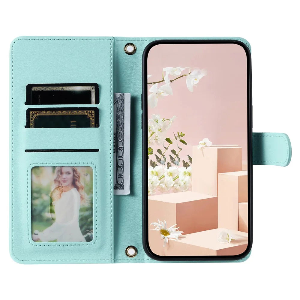 For iPhone 13 mini Crossbody Phone Case Wallet PU Leather Stand Cover - Mint Green - 2