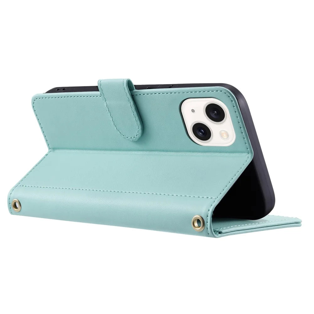For iPhone 13 mini Crossbody Phone Case Wallet PU Leather Stand Cover - Mint Green - 3