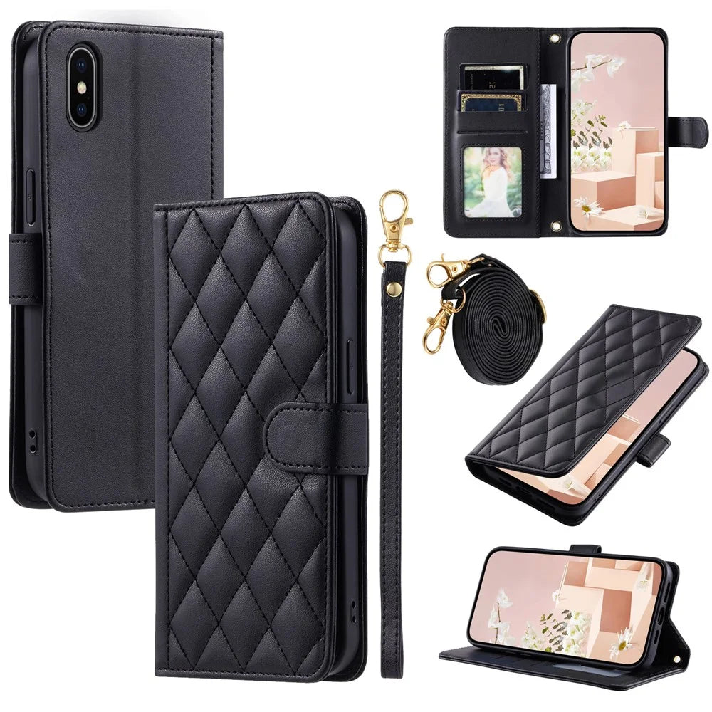 For iPhone XS Max Leather Wallet Case with Straps Rhombus Grid Phone Cover - Black - 1