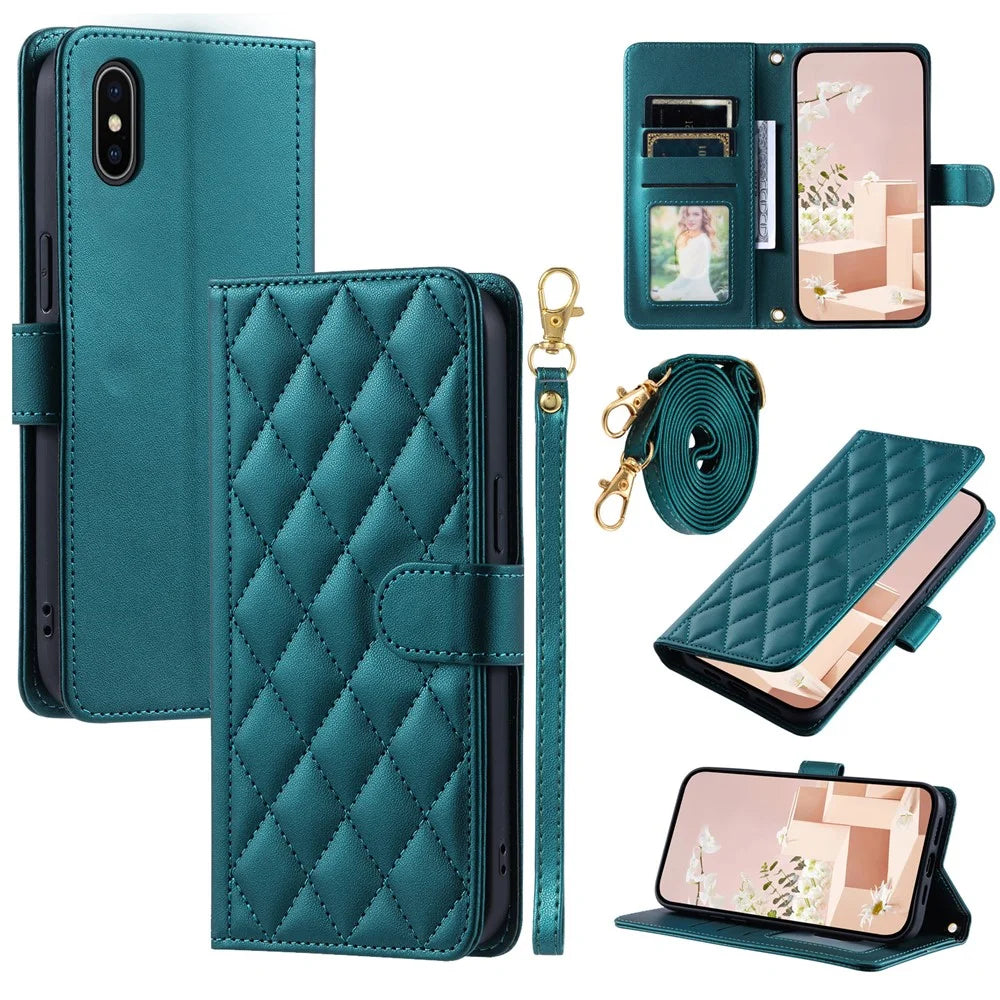 For iPhone X / XS Case Rhombus Grid Leather Phone Cover with Wallet Stand - Green - 1