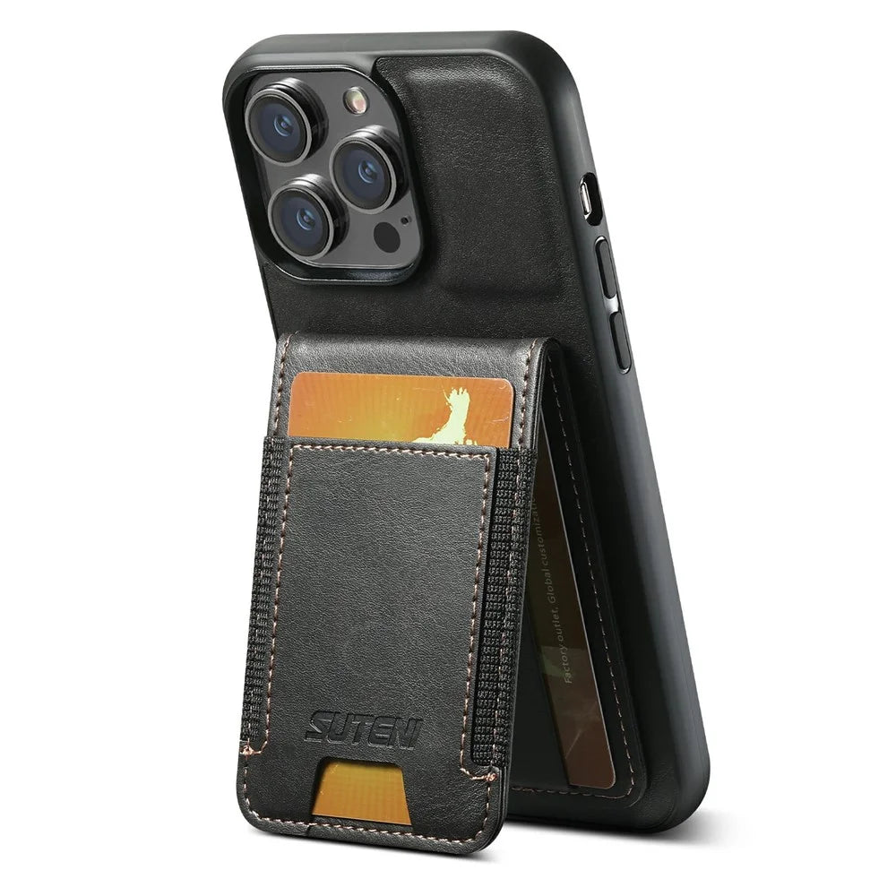 SUTENI H03 For iPhone 15 Pro Max Phone Case Kickstand Card Slots PU Leather Back Cover - Black - 1