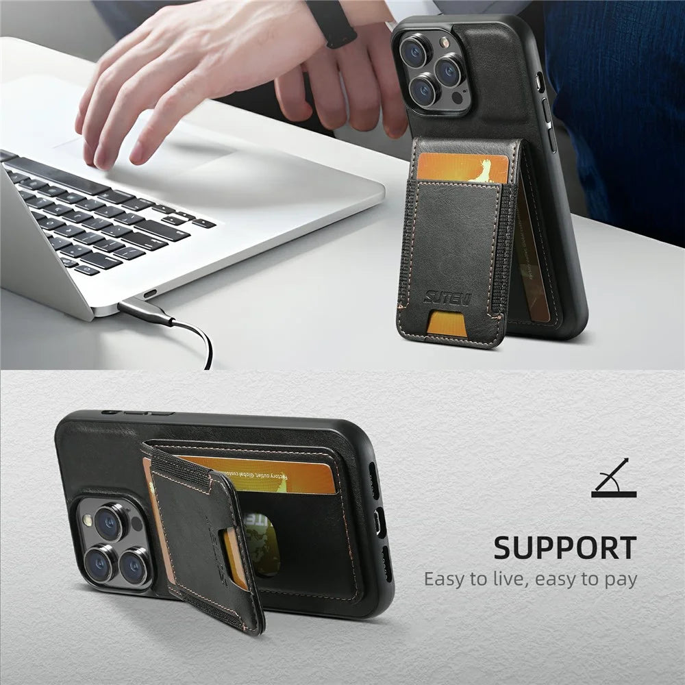 SUTENI H03 For iPhone 12 / 12 Pro Case Card Slot Holder Phone Cover with Kickstand - Black - 5