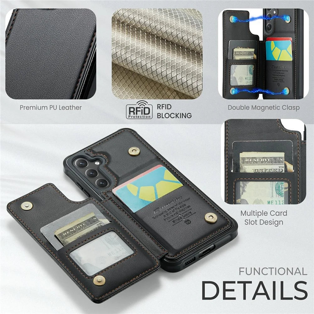 For Samsung Galaxy S24 Phone Case CASEME C22 Leather Back Cover with RFID Blocking Card Slots - Black - 7