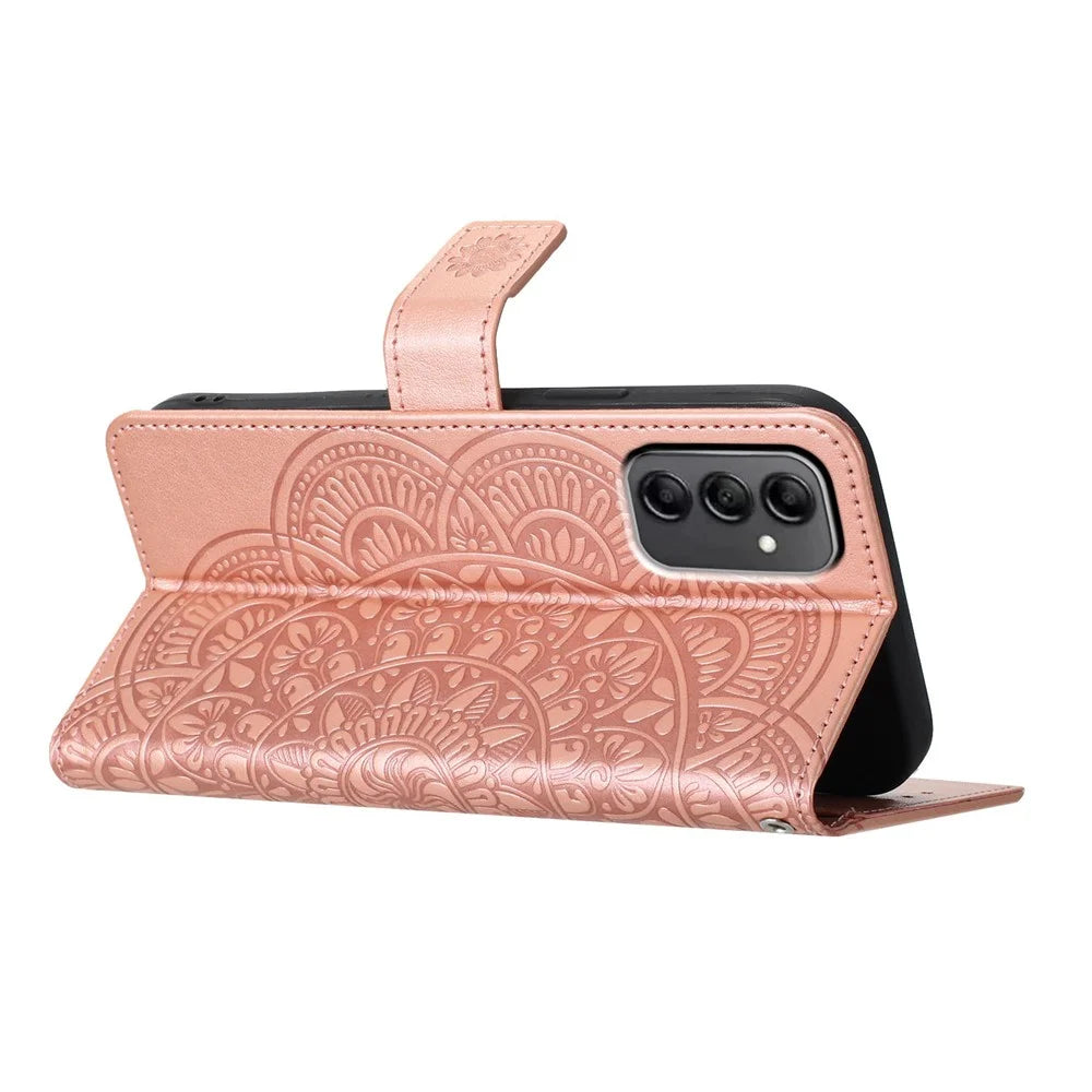For Samsung Galaxy A14 5G / A14 4G Magnetic Phone Case Flower Imprinted Stand Cover - Rose Gold - 2
