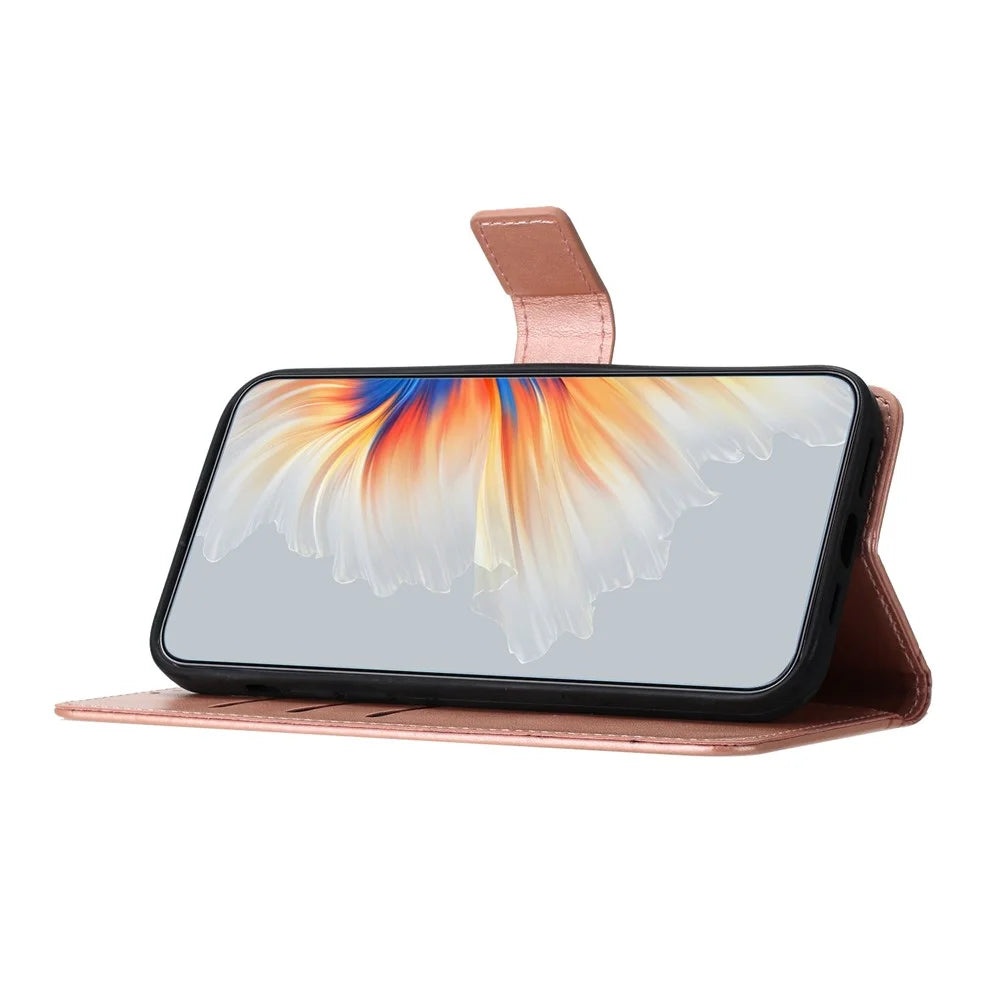 For Samsung Galaxy A14 5G / A14 4G Magnetic Phone Case Flower Imprinted Stand Cover - Rose Gold - 3