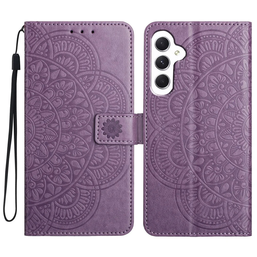 For Samsung Galaxy A15 5G Cell Phone Case Flower Imprinted Wallet Cover - Purple - 1