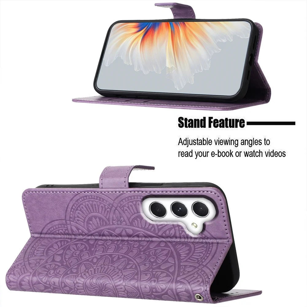 For Samsung Galaxy A15 5G Cell Phone Case Flower Imprinted Wallet Cover - Purple - 4