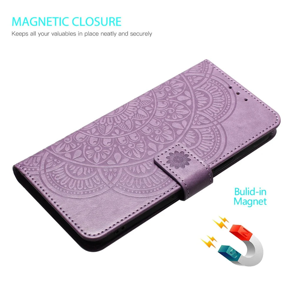For Samsung Galaxy A15 5G Cell Phone Case Flower Imprinted Wallet Cover - Purple - 5
