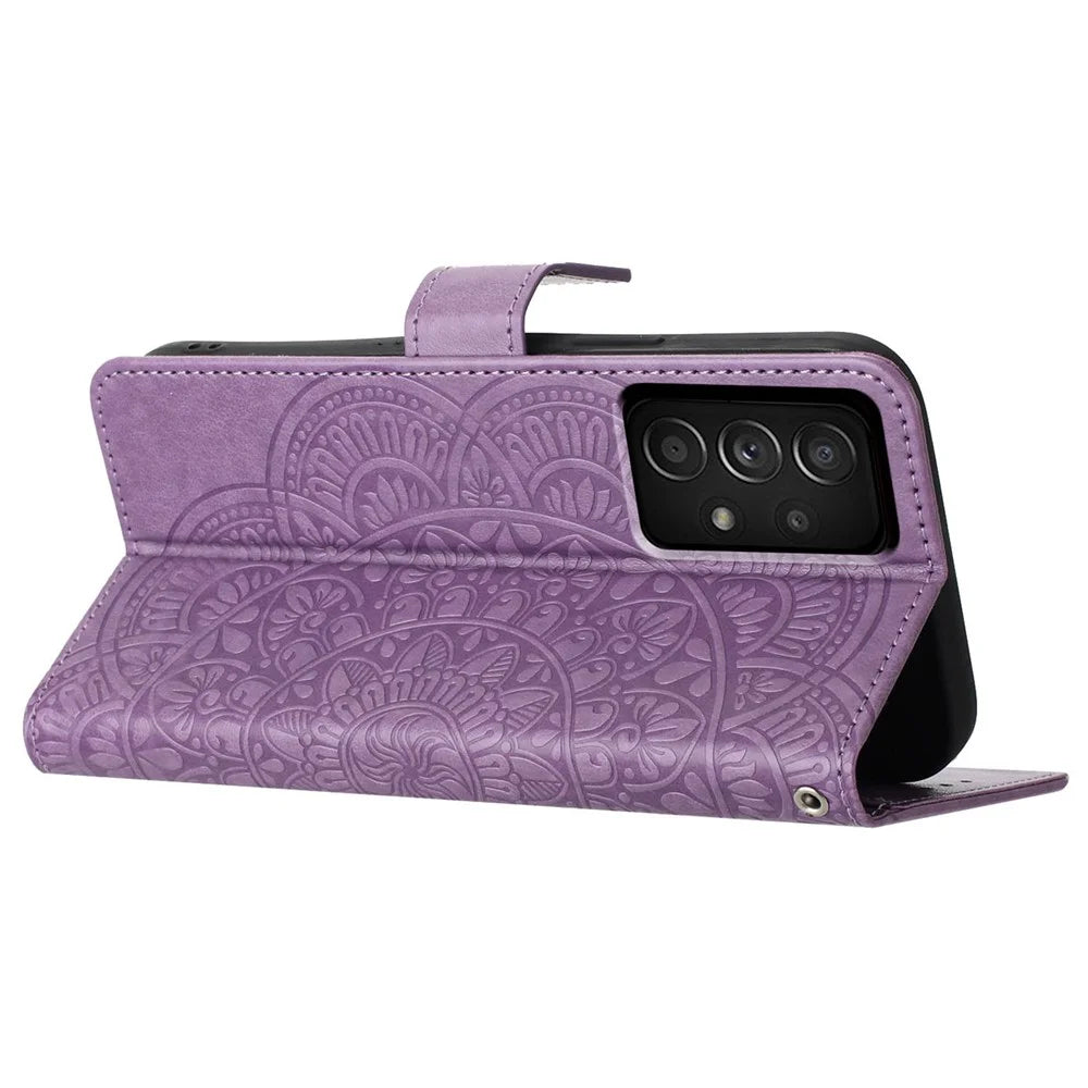 For Samsung Galaxy A52 5G / 4G / A52s 5G Case Flower Imprinted Magnetic Closure Stand Phone Cover - Purple - 3