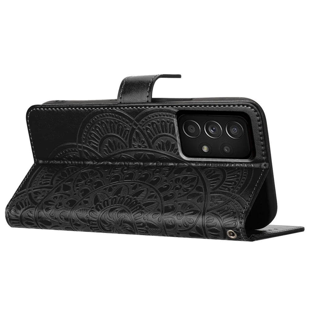 For Samsung Galaxy A33 5G Case PU Leather Flower Pattern Wallet Style Flip Phone Cover - Black - 3