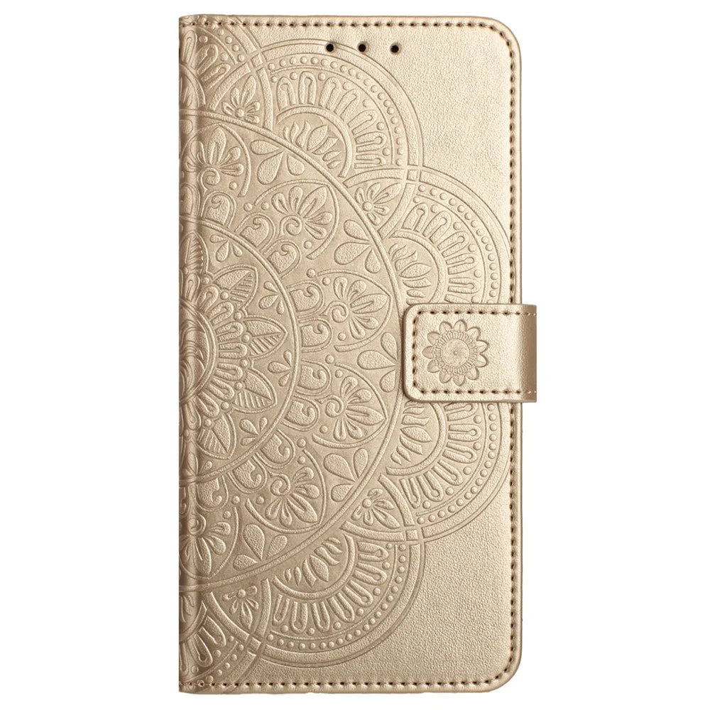 For iPhone 14 Plus Wallet Case Flower Pattern Flip Design Phone Protector - Gold - 7