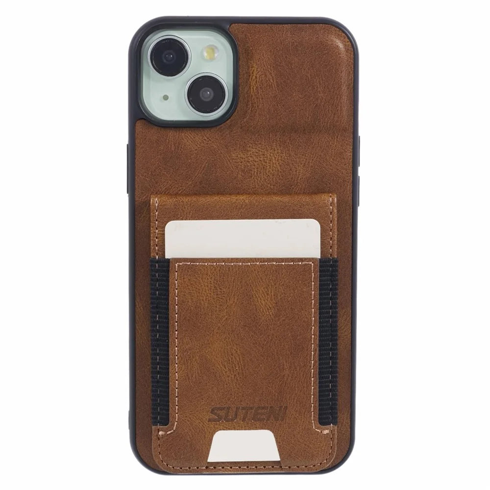 SUTENI H03 For iPhone 15 Plus Case Waxy Texture PU Leather Phone Cover with Card Slots - Brown - 2