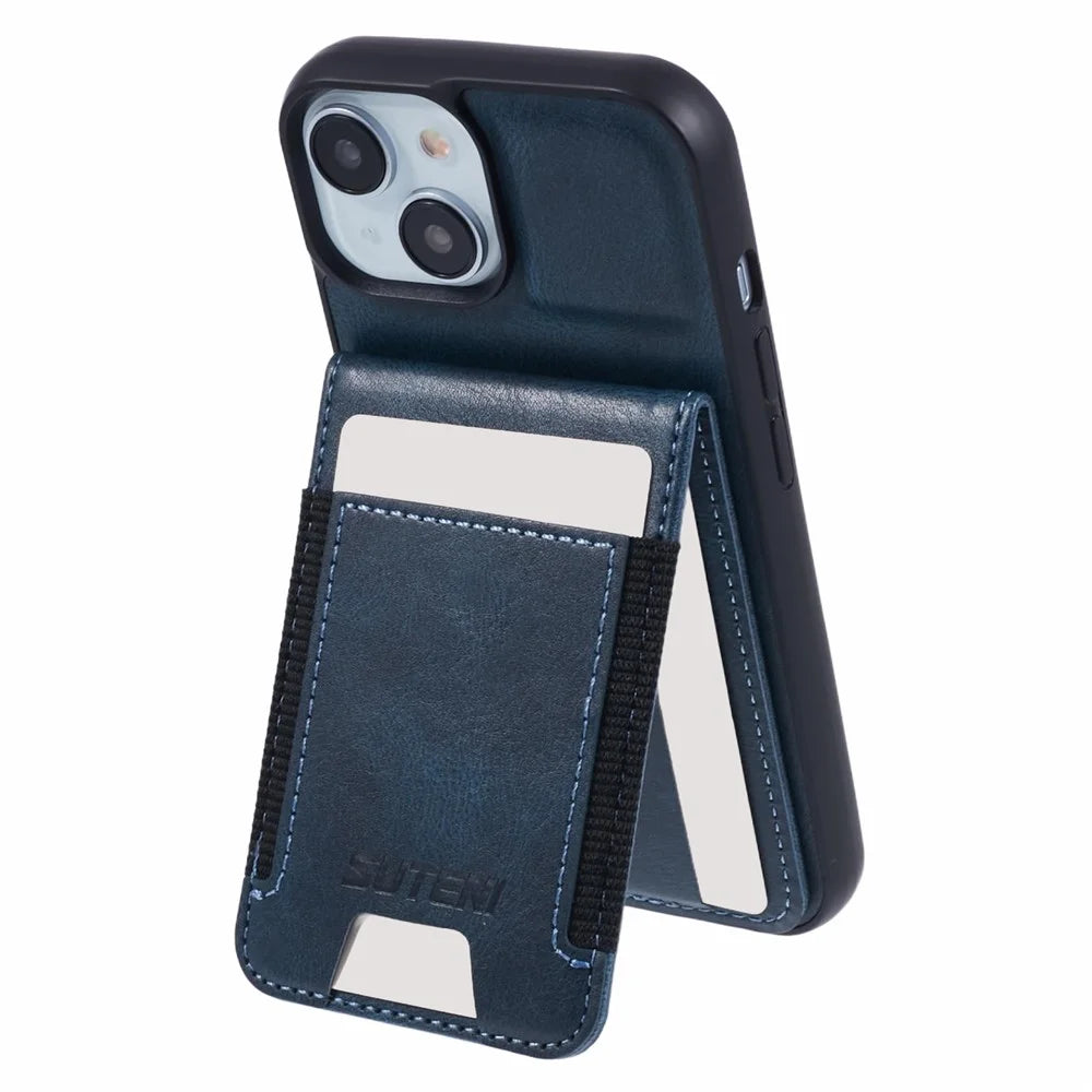SUTENI H03 For iPhone 15 Case PU Leather Waxy Texture Card Slots Back Cover - Blue - 1