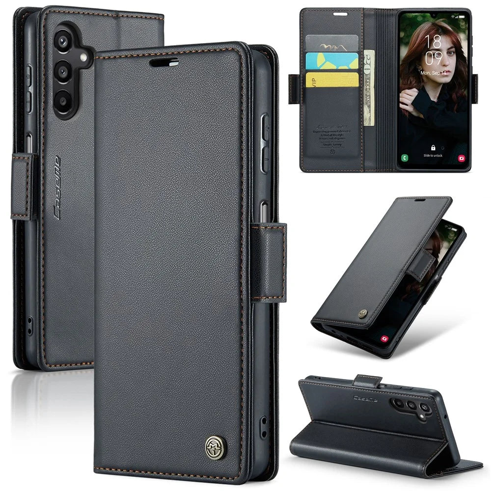 For Samsung Galaxy A15 4G / A15 5G Leather Case CASEME 023 RFID Blocking 3 Card Slot Mobile Cover - Black - 1