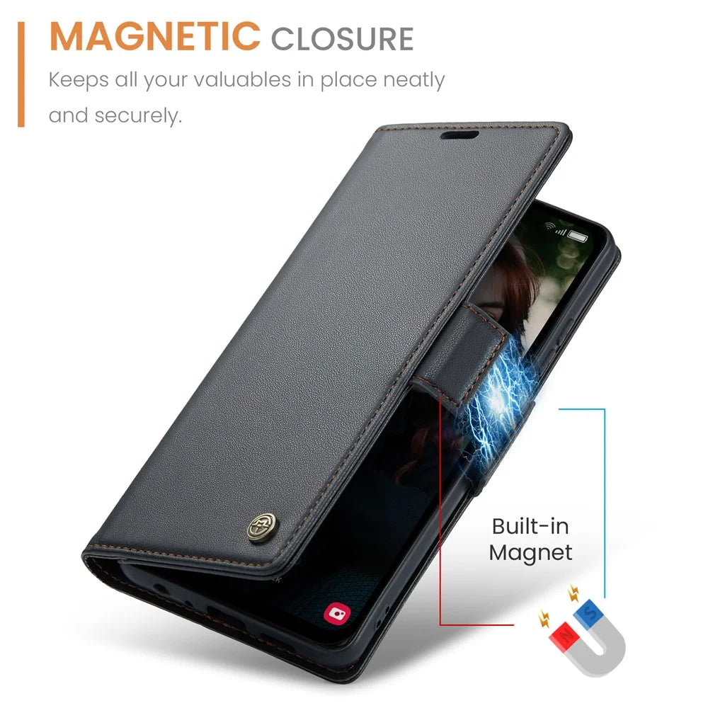 For Samsung Galaxy A15 4G / A15 5G Leather Case CASEME 023 RFID Blocking 3 Card Slot Mobile Cover - Black - 5