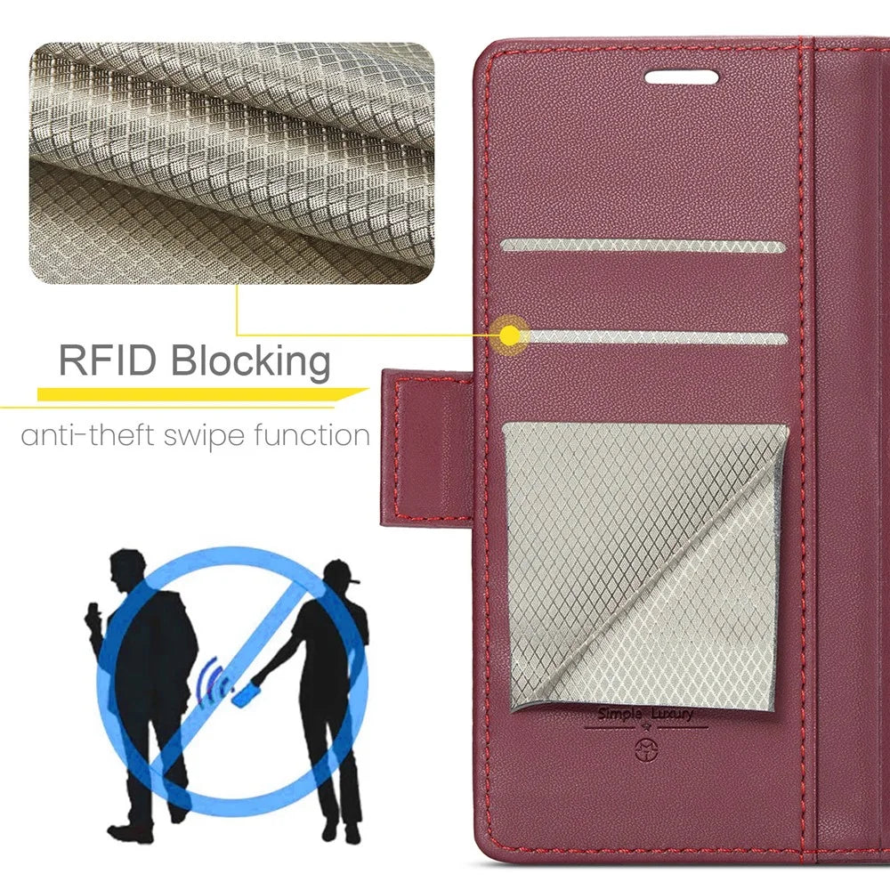 For Samsung Galaxy A25 5G (Global) (161.0 x 76.5 x 8.3mm) Leather Case CASEME 023 RFID Blocking 3 Card Slot Mobile Cover - Red - 7