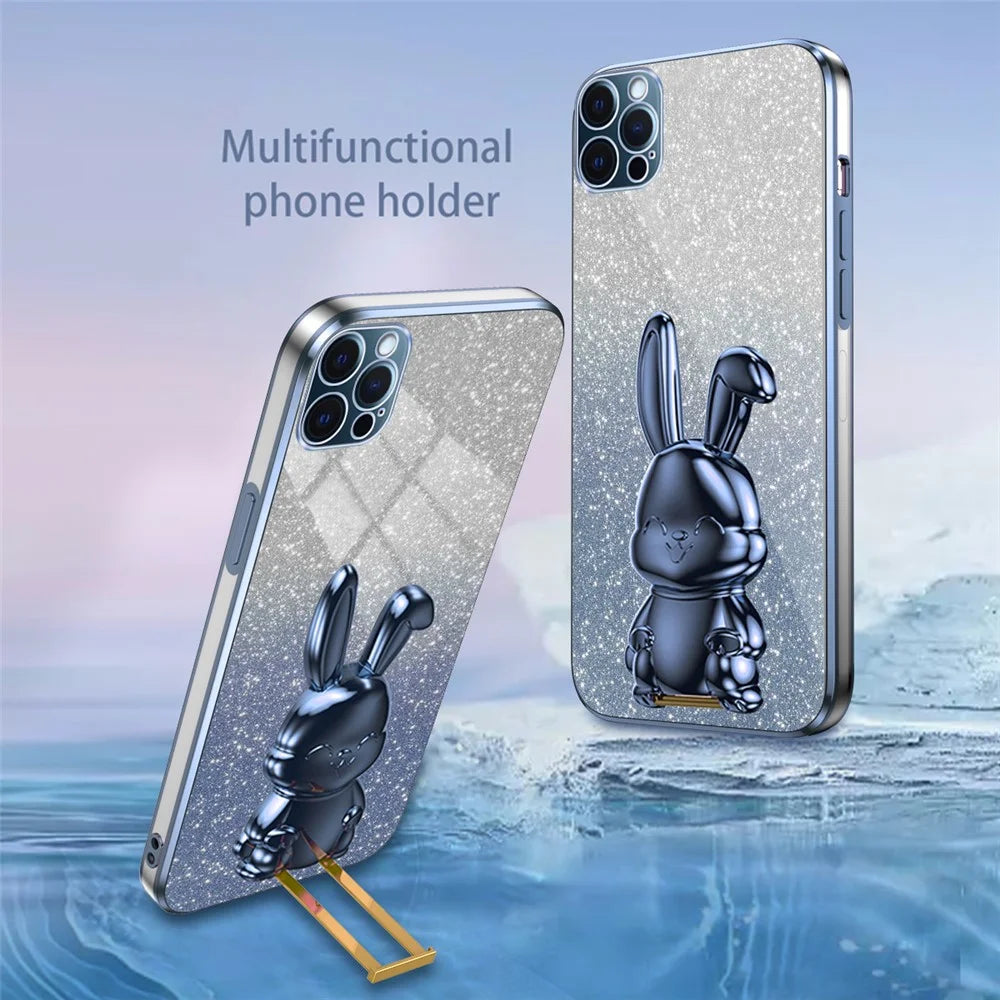 For iPhone 12 Pro Max Cartoon Rabbit Glitter Case Phone Cover with Kickstand - Blue - 2