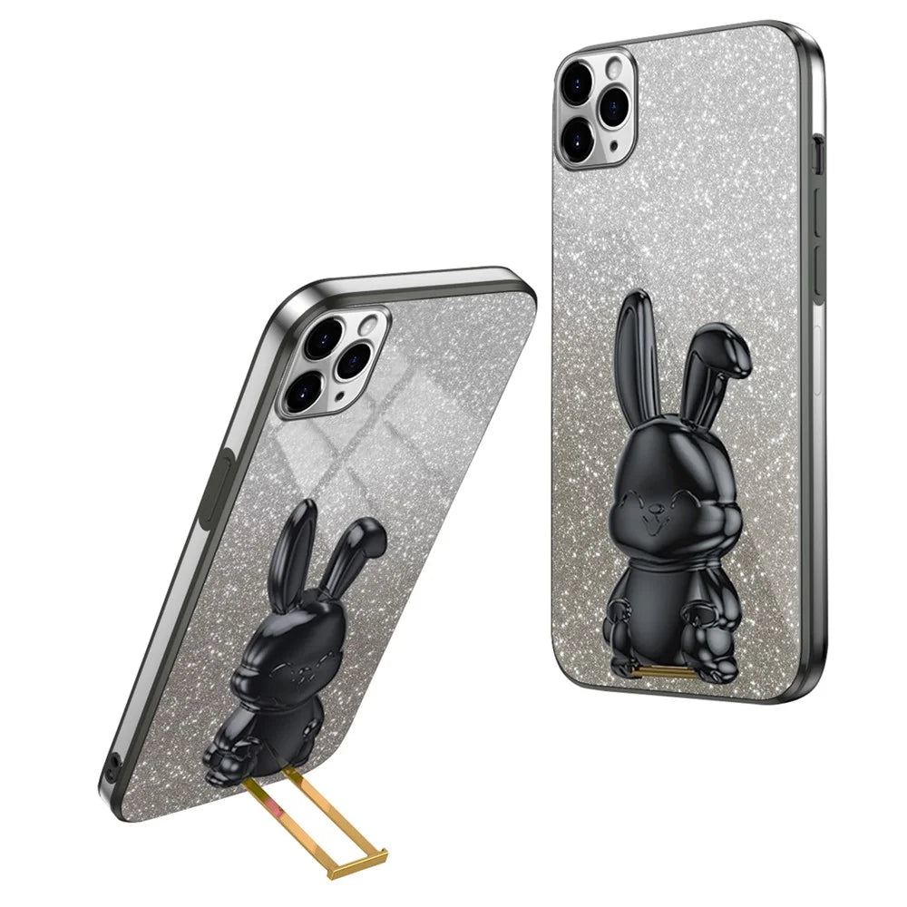 For iPhone 11 Pro Pull-out Kickstand Cartoon Rabbit Protective Case Phone Cover - Black - 1