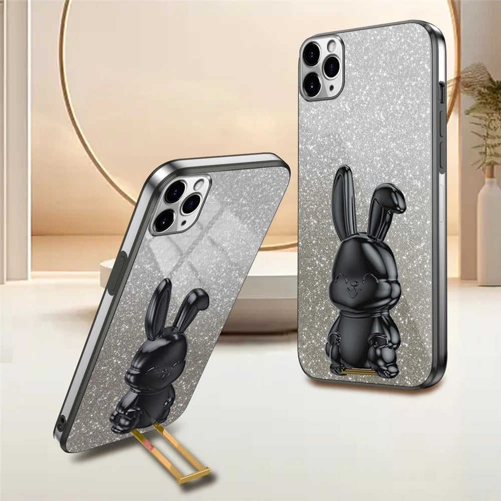 For iPhone 11 Pro Max Cartoon Rabbit Case Pull-out Kickstand Smart Phone Cover - Black - 2