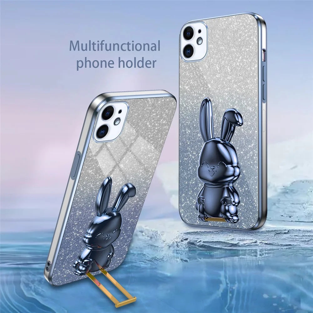 For iPhone 12 mini Glitter Powder Case Pull-out Kickstand Smart Phone Cover - Blue - 2
