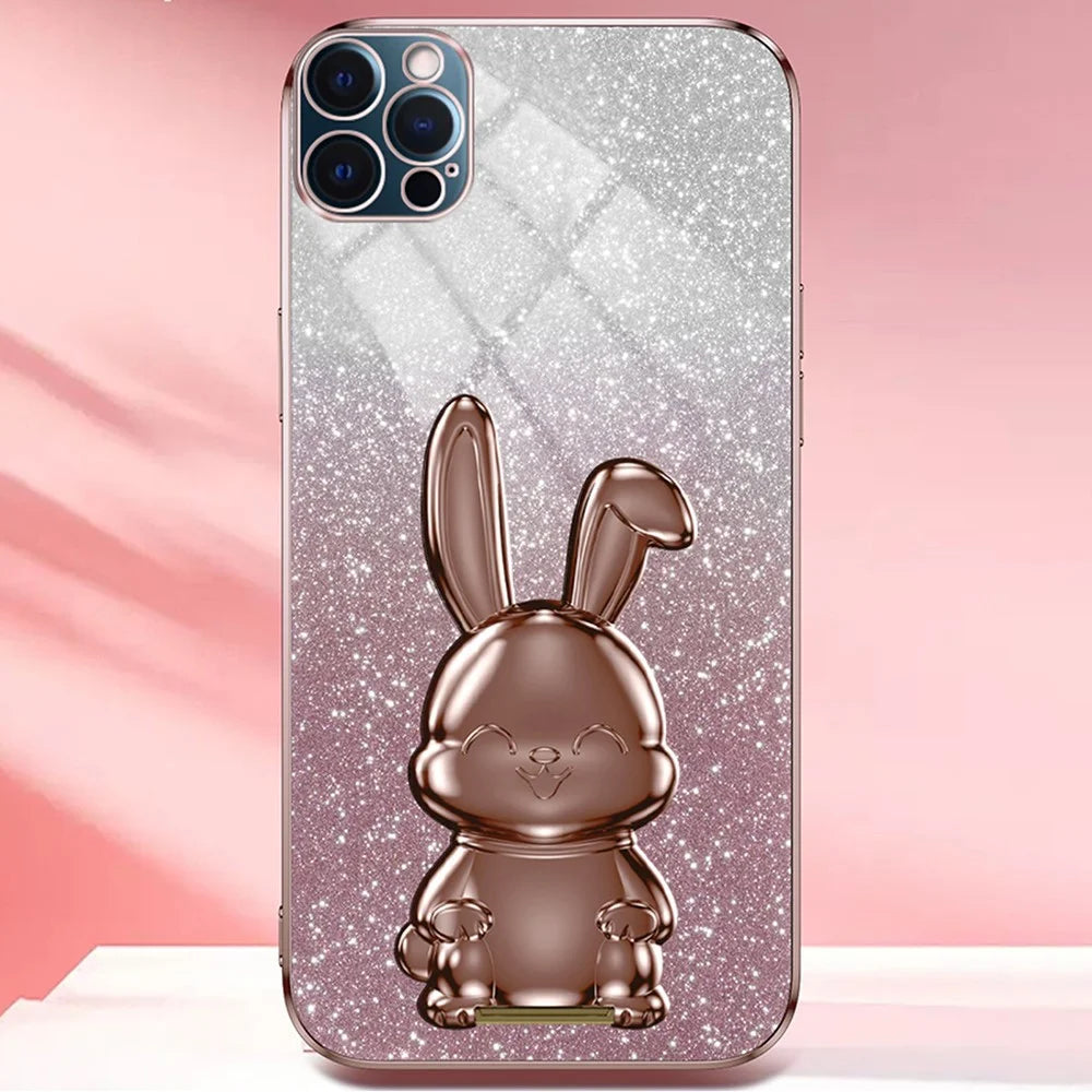 For iPhone 12 Pro Electroplating Rabbit Drop-proof Case Pull-out Kickstand Phone Cover - Pink - 5